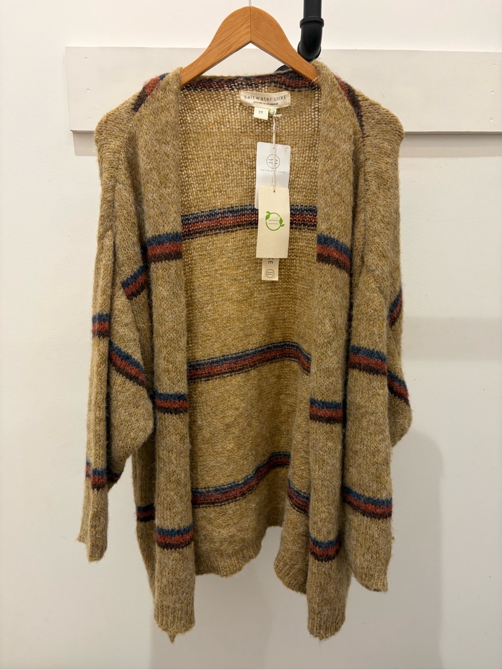 saltwater LUXE Camel Open-Front Cardigan with Blue and Rust Stripes PM